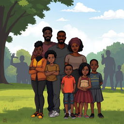 A powerful and emotive illustration depicting a black family standing together in a park, showcasing their unity and strength in the face of adversity