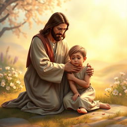 A heartwarming scene depicting Jesus, compassionate and gentle, comforting an upset child in a serene setting