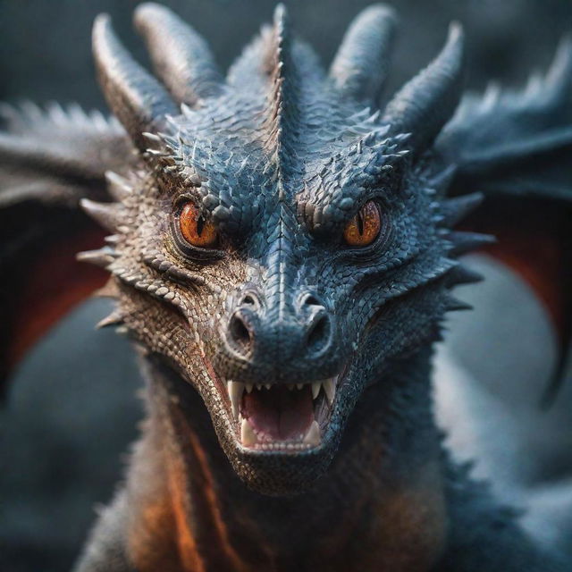 A fierce yet enchanting dragon looking directly into the camera lens with its captivating gaze.