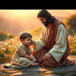 A heartwarming scene depicting Jesus, compassionate and gentle, comforting an upset child in a serene setting