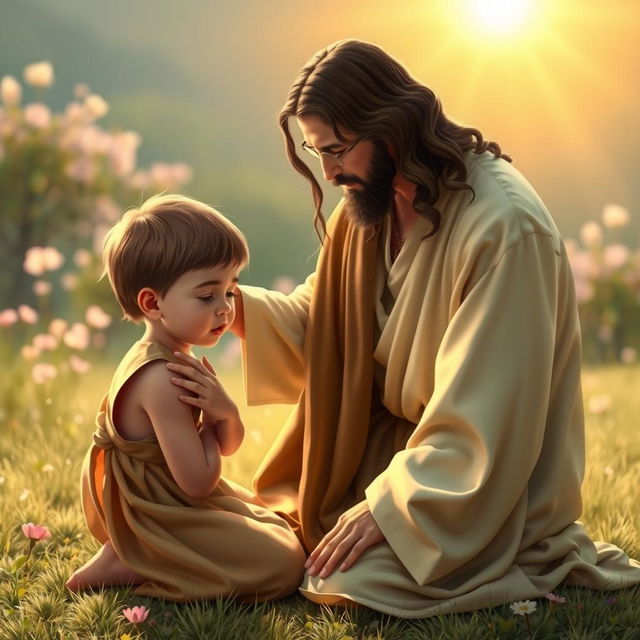 A heartwarming scene depicting Jesus, compassionate and gentle, comforting an upset child in a serene setting