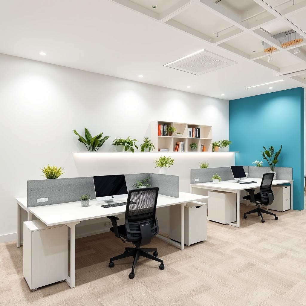 Decoración moderna y funcional para una oficina de 45m2 que incluye 6 puestos de trabajo