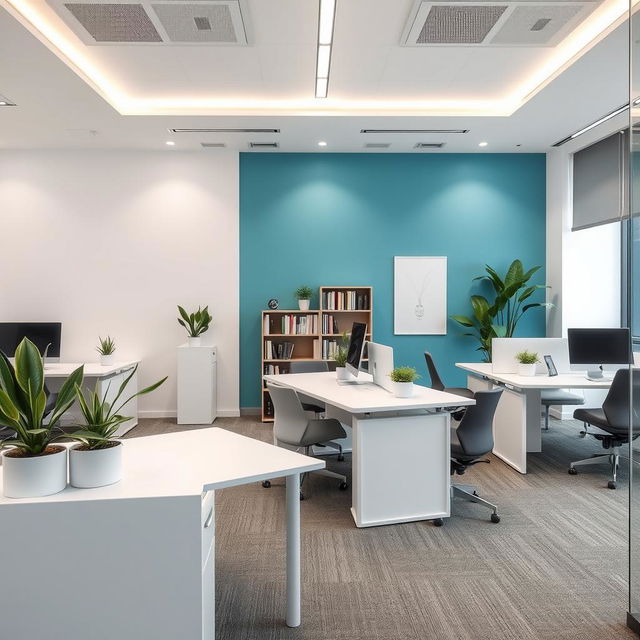 Decoración moderna y funcional para una oficina de 45m2 que incluye 6 puestos de trabajo