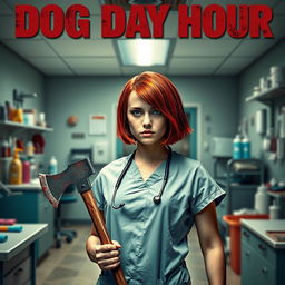 A captivating movie poster featuring a beautiful teenager with short, vibrant red hair, dressed in scrubs