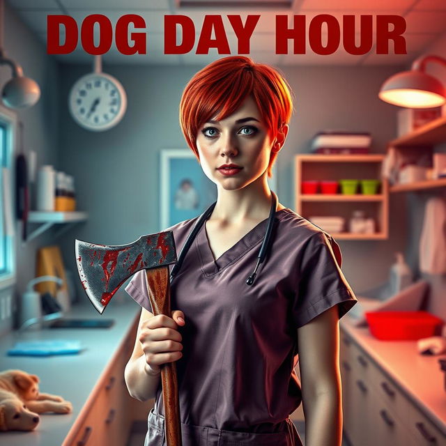 A captivating movie poster featuring a beautiful teenager with short, vibrant red hair, dressed in scrubs