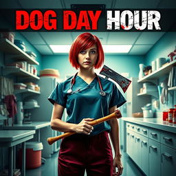 A captivating movie poster featuring a beautiful teenager with short, vibrant red hair, dressed in scrubs