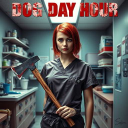 A captivating movie poster featuring a beautiful teenager with short, vibrant red hair, dressed in scrubs