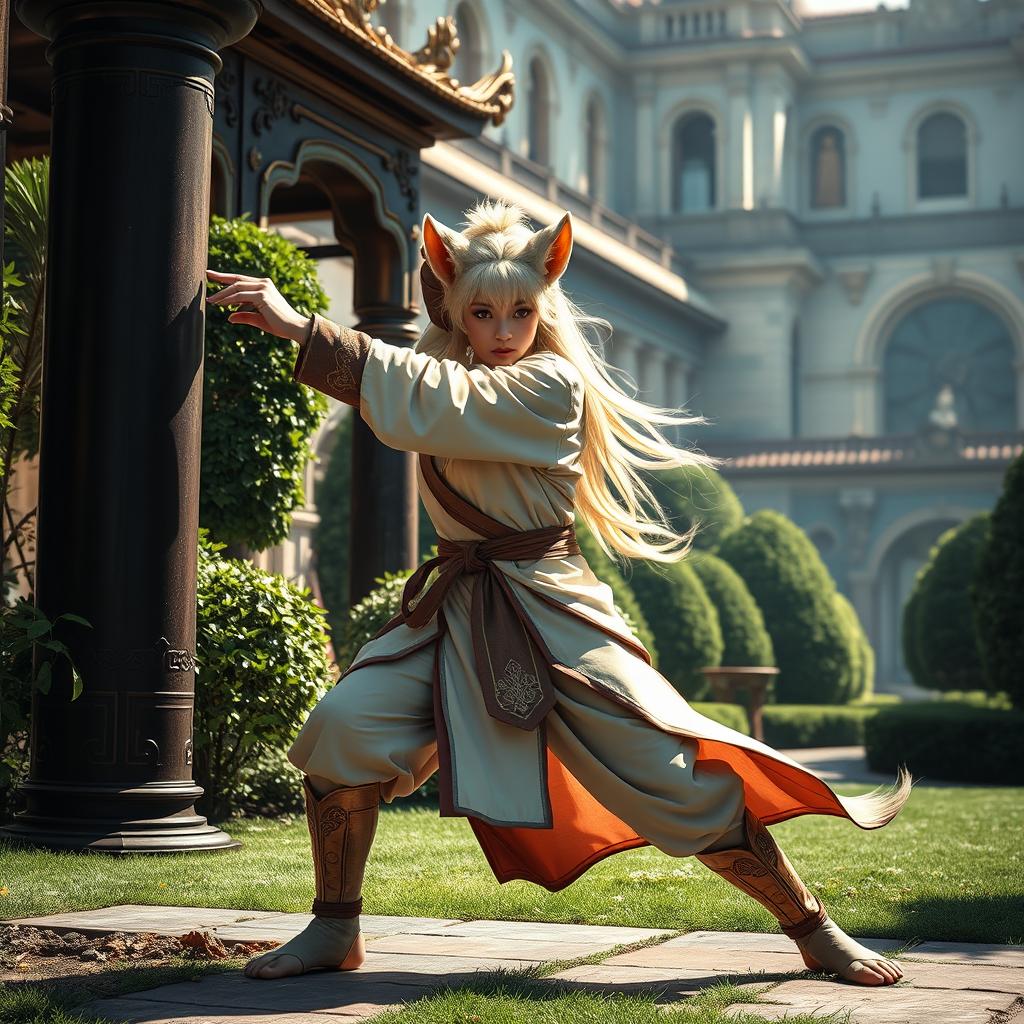 A female leonin princess training in a majestic palace garden, dressed in fine combat monk garments, showcasing her strength and agility as she strikes a training dummy