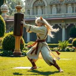 A female leonin princess training in a majestic palace garden, dressed in fine combat monk garments, showcasing her strength and agility as she strikes a training dummy