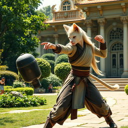 A female leonin princess training in a majestic palace garden, dressed in fine combat monk garments, showcasing her strength and agility as she strikes a training dummy