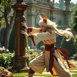 A female leonin princess training in a majestic palace garden, dressed in fine combat monk garments, showcasing her strength and agility as she strikes a training dummy