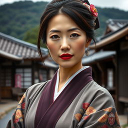 A beautiful, elegant, and confident Japanese woman with oily skin, aged between 35 and 59, close-up shot showcasing her full body