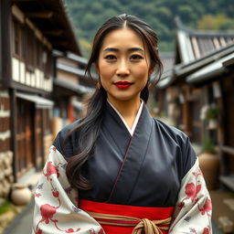 A beautiful, elegant, and confident Japanese woman with oily skin, aged between 35 and 59, close-up shot showcasing her full body