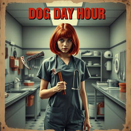 A vintage-style movie poster featuring a beautiful teenager with shoulder-length red hair, clad in scrubs