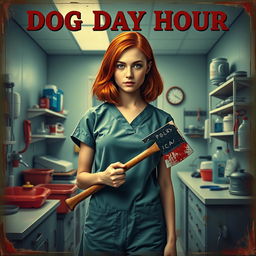 A vintage-style movie poster featuring a beautiful teenager with shoulder-length red hair, clad in scrubs