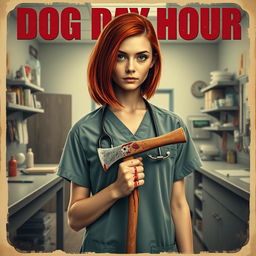 A vintage-style movie poster featuring a beautiful teenager with shoulder-length red hair, clad in scrubs