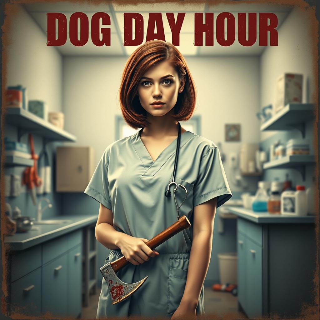 A vintage-style movie poster featuring a beautiful teenager with shoulder-length red hair, clad in scrubs