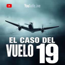 An engaging YouTube thumbnail for 'El Caso del Vuelo 19', featuring a dramatic depiction of an old military aircraft flying into a mysterious fog