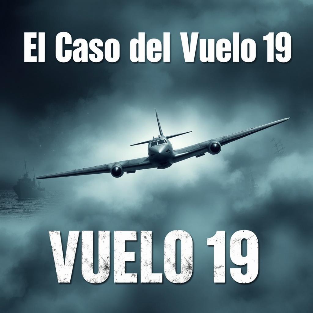 An engaging YouTube thumbnail for 'El Caso del Vuelo 19', featuring a dramatic depiction of an old military aircraft flying into a mysterious fog