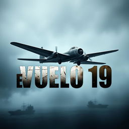 An engaging YouTube thumbnail for 'El Caso del Vuelo 19', featuring a dramatic depiction of an old military aircraft flying into a mysterious fog