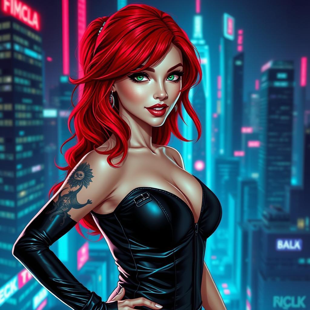 A stunningly sexy female character with vibrant red hair cascading in loose waves, wearing a form-fitting black leather outfit