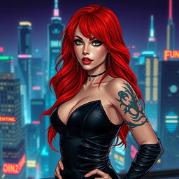 A stunningly sexy female character with vibrant red hair cascading in loose waves, wearing a form-fitting black leather outfit