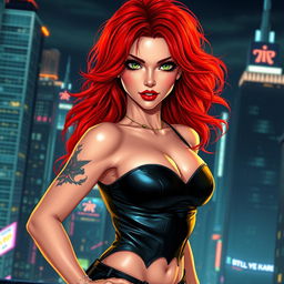 A stunningly sexy female character with vibrant red hair cascading in loose waves, wearing a form-fitting black leather outfit