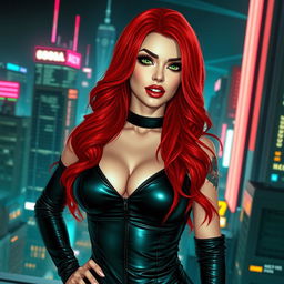 A stunningly sexy female character with vibrant red hair cascading in loose waves, wearing a form-fitting black leather outfit