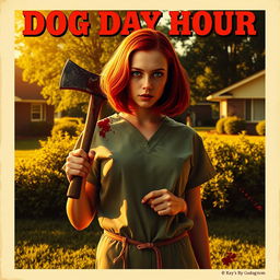 A vintage-style movie poster featuring a beautiful teenager with shoulder-length red hair, dressed in scrubs