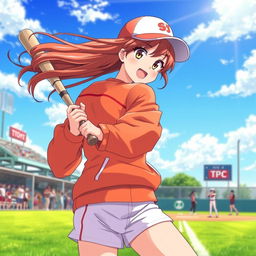 An anime-inspired scene featuring a girl playing baseball, dressed in a vibrant orange jacket