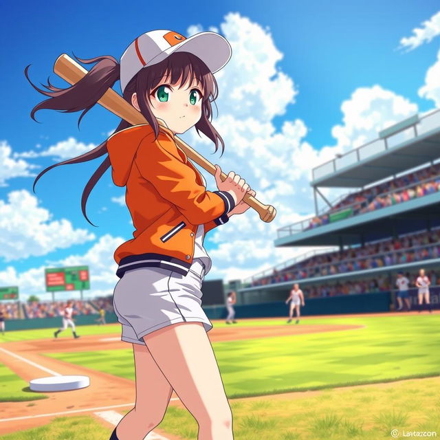 An anime-inspired scene featuring a girl playing baseball, dressed in a vibrant orange jacket