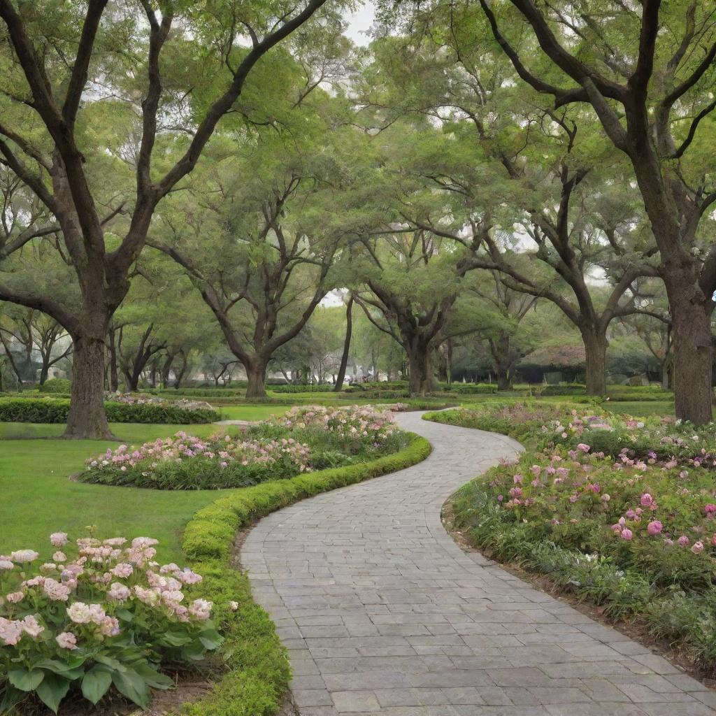 Generate an image of Park Hayan, a peaceful green space filled with mature trees, well-maintained paths, blooming flowers, tranquil ponds, and residents enjoying the outdoors.