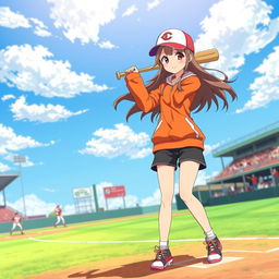 An anime-inspired scene featuring a girl playing baseball, dressed in a vibrant orange jacket