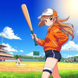 An anime-inspired scene featuring a girl playing baseball, dressed in a vibrant orange jacket