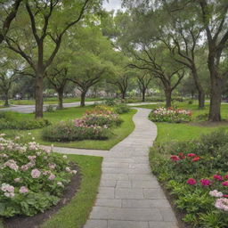 Generate an image of Park Hayan, a peaceful green space filled with mature trees, well-maintained paths, blooming flowers, tranquil ponds, and residents enjoying the outdoors.