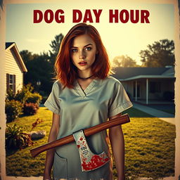 A vintage-style movie poster featuring a beautiful teenager with shoulder-length red hair, wearing scrubs