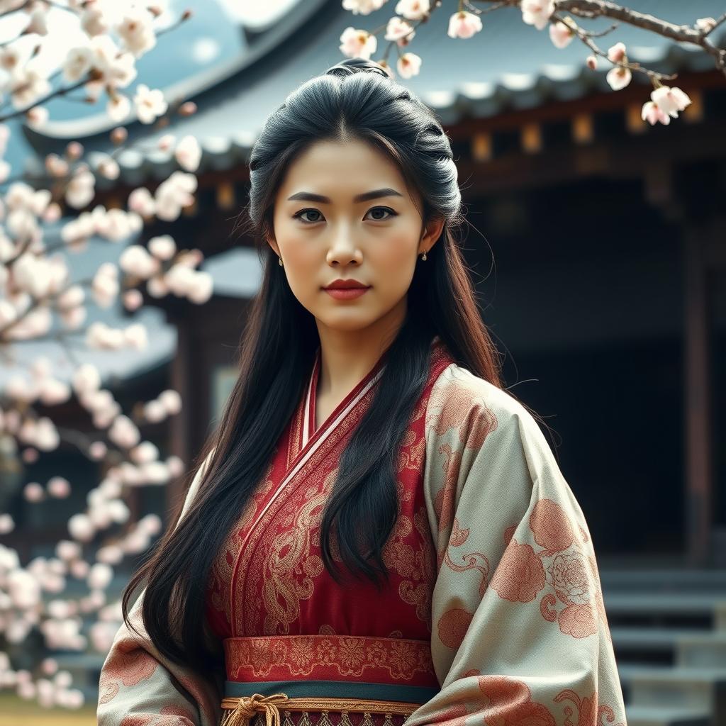 An ancient Japanese woman inspired by The Last Samurai, aged between 35 and 49, exuding beauty and charm with a sensual appeal