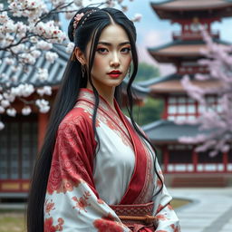 An ancient Japanese woman inspired by The Last Samurai, aged between 35 and 49, exuding beauty and charm with a sensual appeal