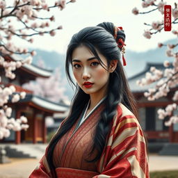 An ancient Japanese woman inspired by The Last Samurai, aged between 35 and 49, exuding beauty and charm with a sensual appeal