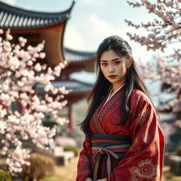 An ancient Japanese woman inspired by The Last Samurai, aged between 35 and 49, exuding beauty and charm with a sensual appeal