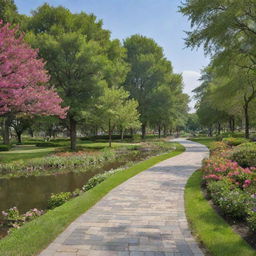 Generate an image of Park Hayan, a peaceful green space filled with mature trees, well-maintained paths, blooming flowers, tranquil ponds, and residents enjoying the outdoors.