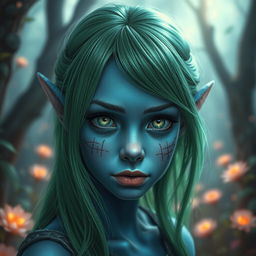 A young female elf with striking blue skin, vibrant green hair cascading down to her shoulders, and captivating green eyes