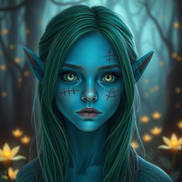 A young female elf with striking blue skin, vibrant green hair cascading down to her shoulders, and captivating green eyes