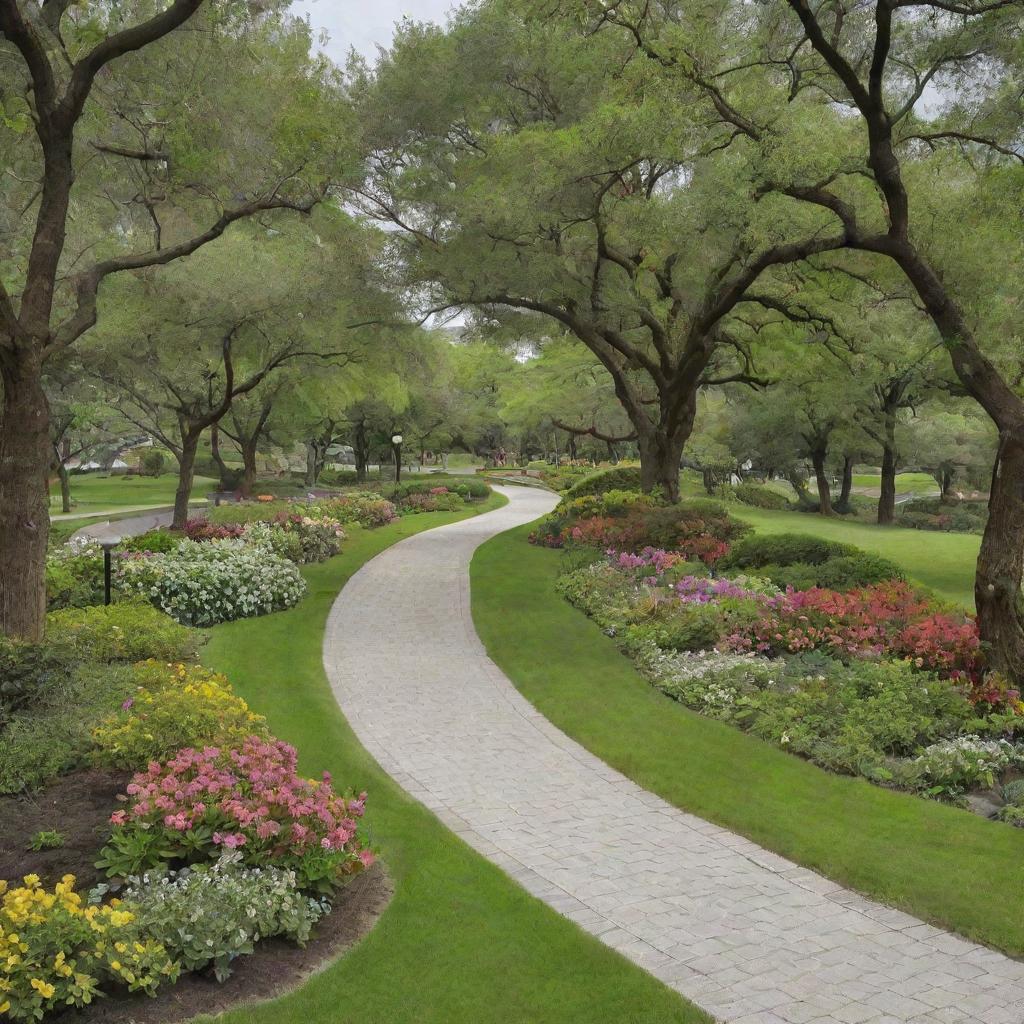 Generate an image of Park Hayan, a peaceful green space filled with mature trees, well-maintained paths, blooming flowers, tranquil ponds, and residents enjoying the outdoors.