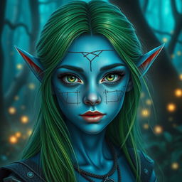 A young female elf with striking blue skin, vibrant green hair cascading down to her shoulders, and captivating green eyes