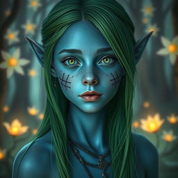 A young female elf with striking blue skin, vibrant green hair cascading down to her shoulders, and captivating green eyes