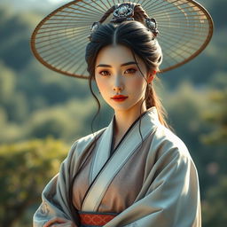 An ancient Korean woman, aged between 35-59, depicted in a charming and beautiful manner, exuding sensuality