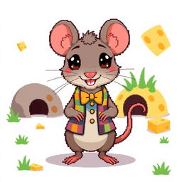 A cute pixel art rat character, designed in a whimsical style with exaggerated features