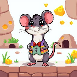 A cute pixel art rat character, designed in a whimsical style with exaggerated features