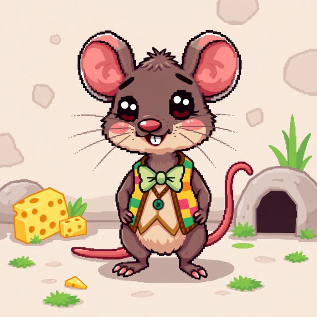 A cute pixel art rat character, designed in a whimsical style with exaggerated features